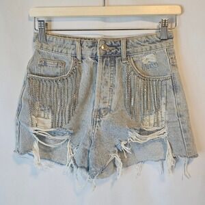 Adika Denim Shorts Women XS Light Blue Rhinestone Fringe Distressed Western Glam